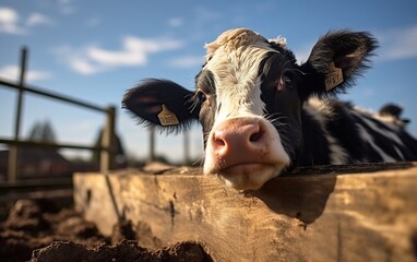 a close up of a cow sticking its head over a fence wooden - obrazy, fototapety, plakaty