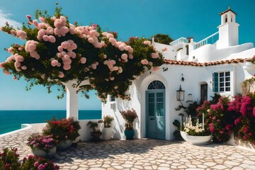A charming seaside retreat with a whitewashed facade, enveloped by colorful blooms and offering panoramic views of the tranquil ocean.