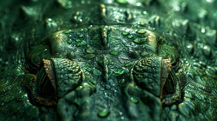 A macro shot of crocodile skin with water droplets, accentuating the details in vibrant green tones.