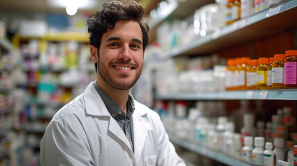 smiling handsome young male pharmacist portrait in pharmacy - obrazy, fototapety, plakaty