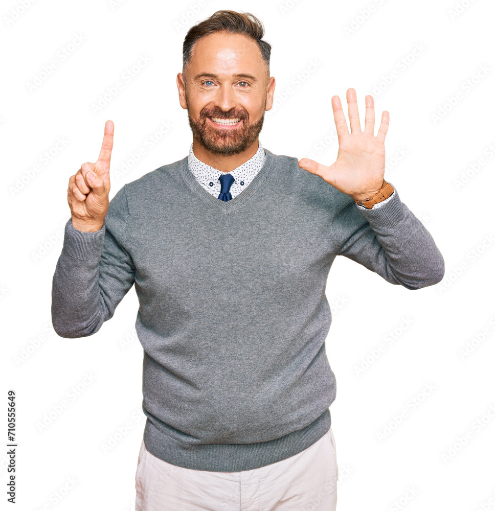 Sticker handsome middle age man wearing business clothes showing and pointing up with fingers number six whi