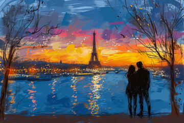 Enchanted Twilight: Couple's Silhouette Against Parisian Sunset