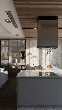 3D render. Camera pan through the interior of a studio apartment in a modern style. Vertical format for a phone.