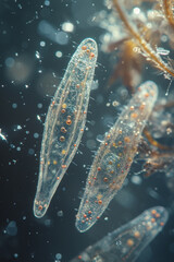 Paramecium caudatum swimming among plant debris under a microscope.