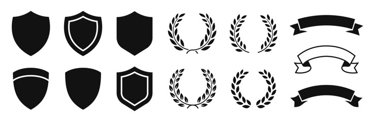 Shield, Laurel wreath, Ribbon icon set. Logo elements: ribbons, shield, laurel chaplet set. Vector - obrazy, fototapety, plakaty