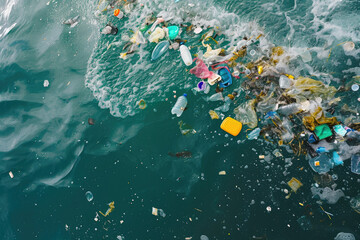 Plastic water bottles and bags floating in ocean landscape, spilled garbage microplastics covering on beach, pollution problem concept, Unhealthy environment problem.