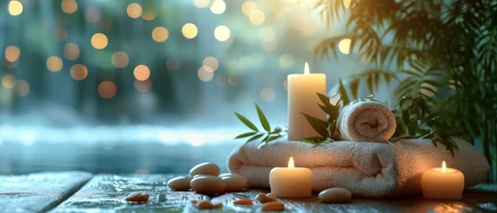 Keuken foto achterwand Massagesalon Spa treatments, massages, and calming spa environments supplies zen stones and water spa of deep relaxation and tranquility and with space for text concepts. spa background