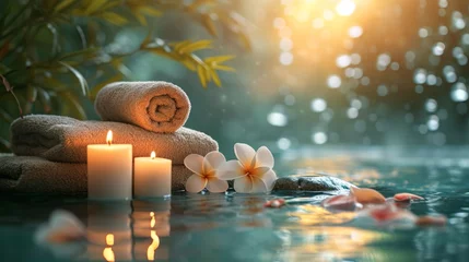 Afwasbaar Fotobehang Spa Spa treatments, massages, and calming spa environments supplies zen stones and water spa of deep relaxation and tranquility and with space for text concepts. spa background