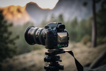 Mountain Framed Perspective: Camera on Tripod Amidst Majestic Peaks. Capturing Nature's Grandeur.