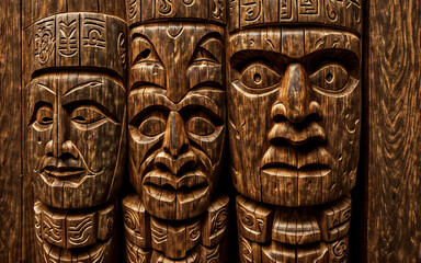 Fence of massive wooden totems. The concept of travel to the exotic world of uncharted islands.