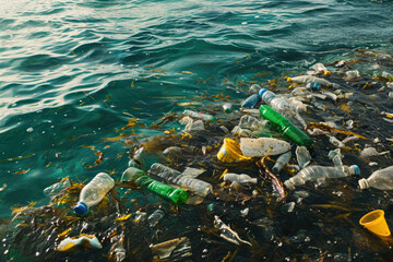 Plastic water bottles and bags floating in ocean landscape, spilled garbage microplastics covering on beach, pollution problem concept, Unhealthy environment problem.