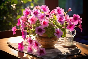vibrant petunia flower arrangement on a sunlit table. Generative AI