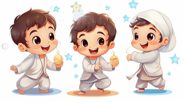 watercolor painting style illustration of Muslim kids in traditional clothes. Happy little Islamic children national outfit. cartoon collections set, Generative Ai