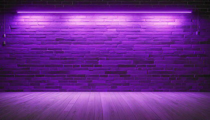 Empty brick wall with purple neon light with copy space. Lighting effect purple color glow on brick...