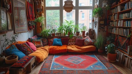 Bohemian Multi-species Home Decor: Eclectic home interior, plants integral to the decor, showcasing a harmonious, inclusive living space