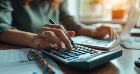 Close-up of a woman's hand using a calculator to calculate finances, working in the office at the table. Finance and economics or business concept. - obrazy, fototapety, plakaty