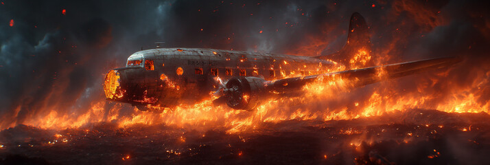 Fiery Descent: A Miniature Passenger Airplane in Flames, Capturing a Dramatic and Intense Moment of Imagined Airborne Catastrophe - obrazy, fototapety, plakaty