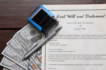 Last Will and Testament, stamp, dollar bills and pen on wooden table, flat lay