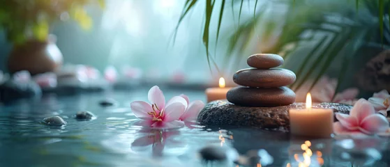 Photo sur Plexiglas Spa Spa treatments, massages, and calming spa environments supplies zen stones and water spa of deep relaxation and tranquility and with space for text concepts. spa background