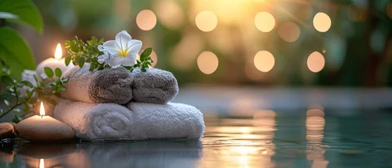 Crédence de cuisine en verre imprimé Spa Spa treatments, massages, and calming spa environments supplies zen stones and water spa of deep relaxation and tranquility and with space for text concepts. spa background