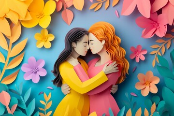Lesbian Couple Hugging Each Other, Illustration in Paper Art Style for Pride Month