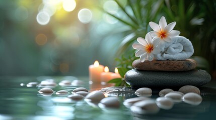 Obraz na płótnie Canvas Spa treatments, massages, and calming spa environments supplies zen stones and water spa of deep relaxation and tranquility and with space for text concepts. spa background