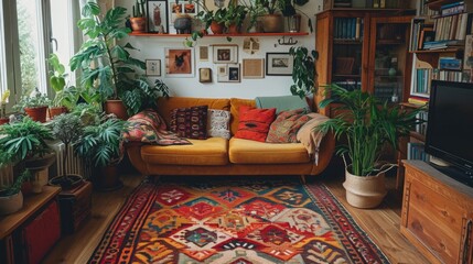 Bohemian Multi-species Home Decor: Eclectic home interior, plants integral to the decor, showcasing a harmonious, inclusive living space