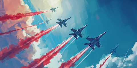 A fleet of fighter jets flying | The Royal Air Force Aerobatic Team Red Arrows - obrazy, fototapety, plakaty