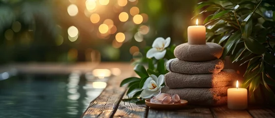 Foto op Aluminium Spa treatments, massages, and calming spa environments supplies zen stones and water spa of deep relaxation and tranquility and with space for text concepts. spa background © ND STOCK