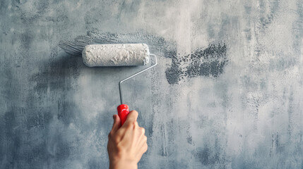 Close-up of a paint roller painting a wall. Apartment painting, renovation. - obrazy, fototapety, plakaty