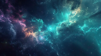 Nebula Nexus with Celestial Beings: A convergence of cosmic clouds and celestial bodies in nebulaic shades of teal and violet, featuring celestial beings or portraits of people