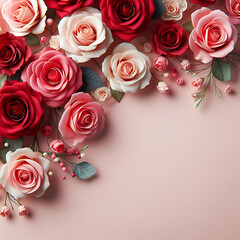 Elevate the sentiment of love and celebration with this enchanting image featuring a bouquet of red and pink roses set against a light pink background. The delicate blossoms create a visually appealin