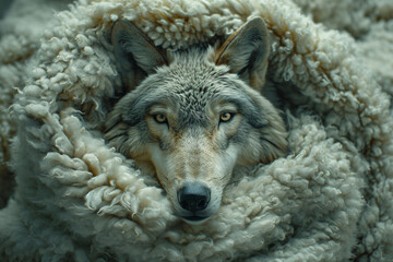 A metaphorical sculpture of a wolf wrapped in a lamb's fleece, symbolizing deceit. - obrazy, fototapety, plakaty