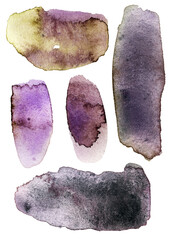 The set of different colors hand-drawn random watercolor stains with granulation effect on a...