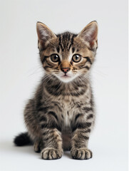 Cute, beautiful gray striped kitten sitting full-length on gray background. Animal Protection Day.