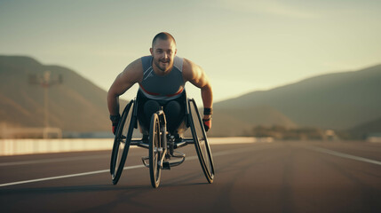 Caucasian male wheelchair athlete competing on a running track. - obrazy, fototapety, plakaty