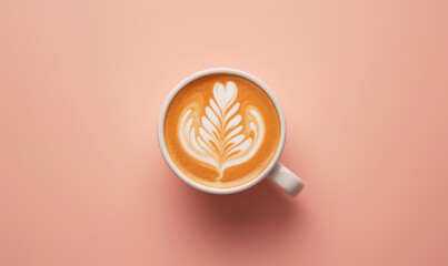 latte art coffee in white cup, top view on pastel pink background with copy space - obrazy, fototapety, plakaty