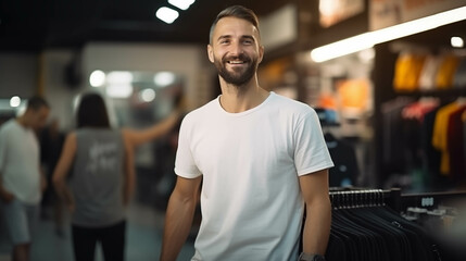 Fototapeta premium Caucasian man shopping for clothes in a store.