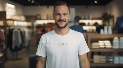 Caucasian man shopping for clothes in a store.