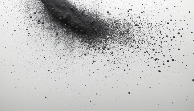 Black dust particles on white background, grainy overlay texture. Stock image of abstract dust, grain noise granules, design elements and illustration.