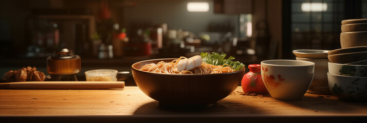 Ramen is placed on a wooden table in the kitchen.