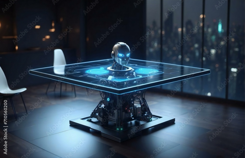 Poster ai robot hologram 3d rendering on a table, inside a dark room