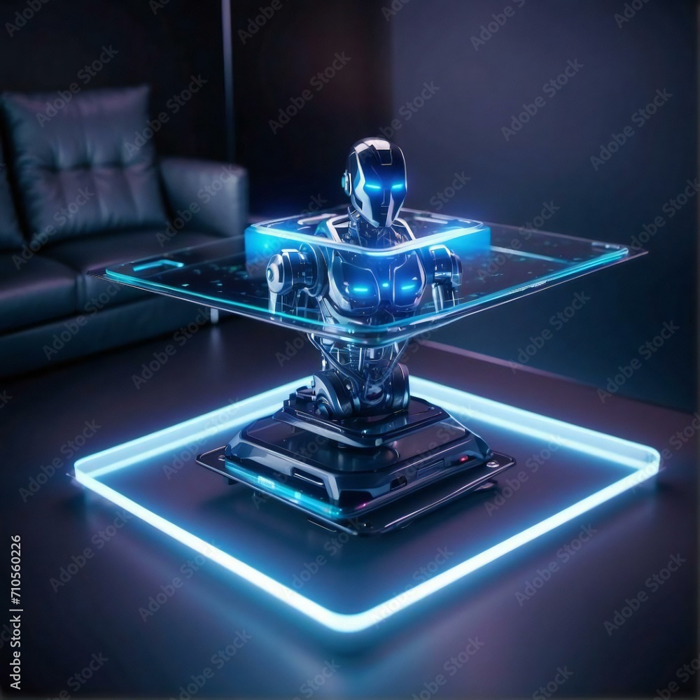 Poster ai robot hologram 3d rendering on a table, inside a dark room