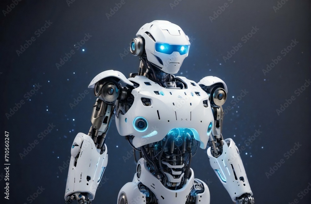 Poster medium ai robot with white hologram background in dark sound