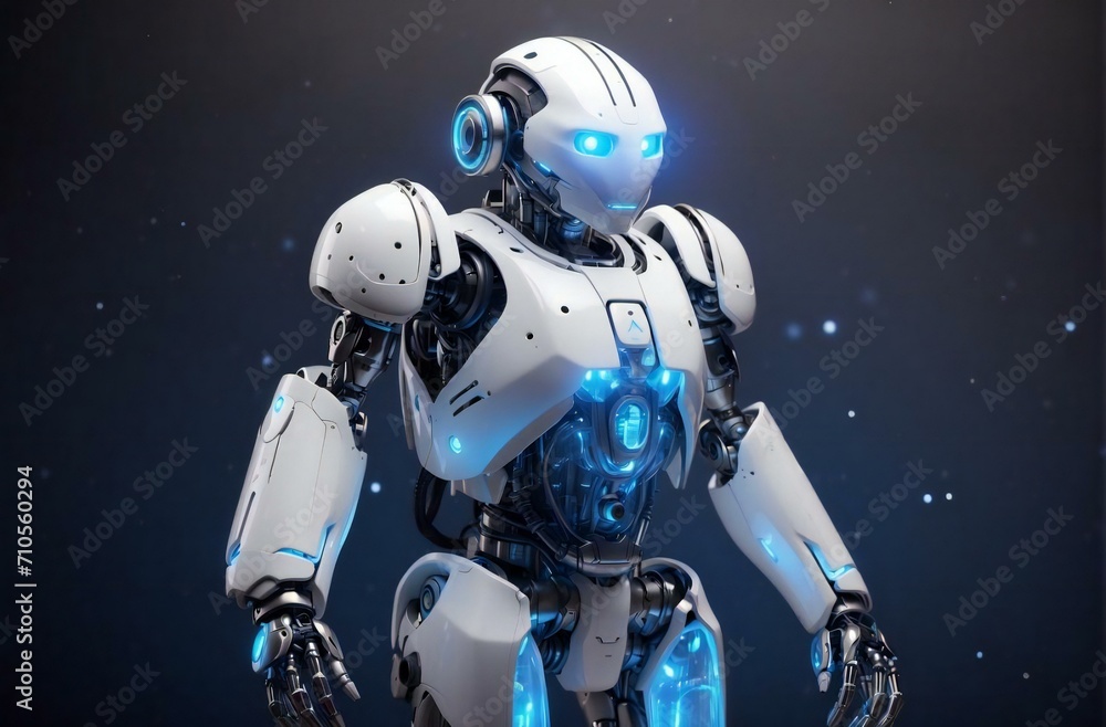 Poster medium ai robot with white hologram background in dark sound