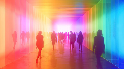 Fototapeta premium Prismatic Portal with Transparent People: A portal-like design with prismatic effects and rainbow colors, featuring transparent portraits of people within the portal, giving the illusion of a passage 