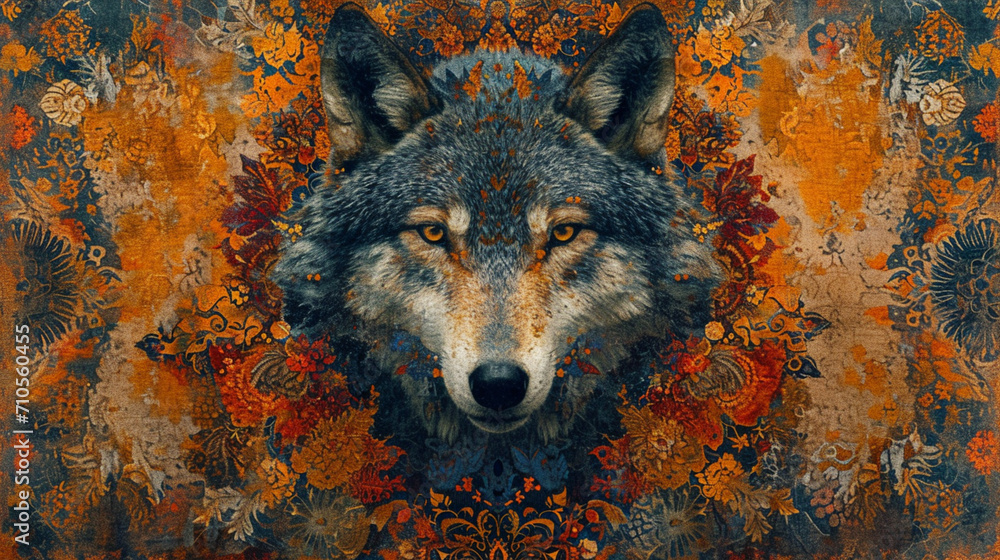 Poster a symbolic tapestry depicting a wolf in lamb's clothing, with intricate patterns symbolizing decepti