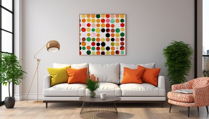 Minimalistic geometric poster layout with colorful circle shapes on modern interior wall