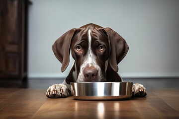 hungry dog sits in front of a food bowl indoor