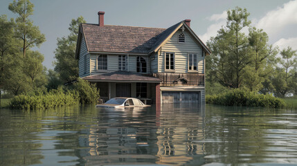 Flooded house with rising water. The concept of elements, disasters, natural disasters.